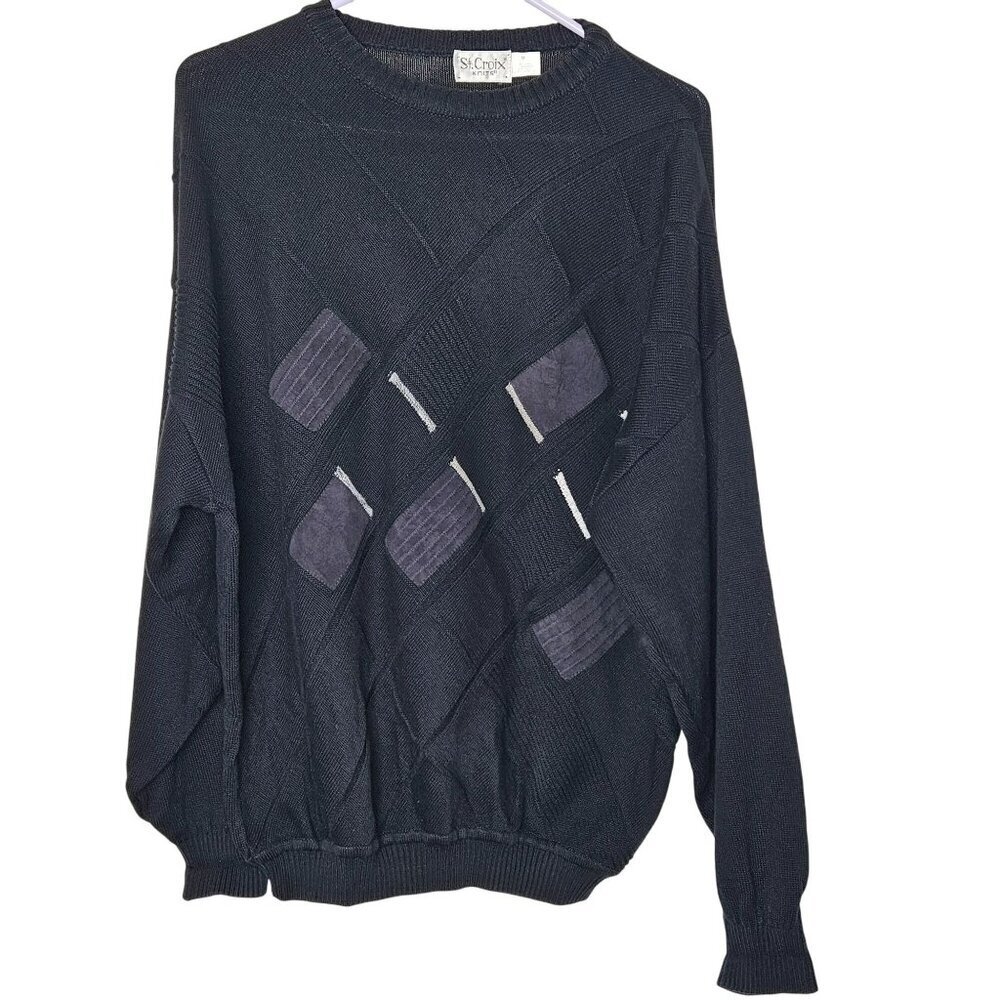 Vintage St. Croix Knits Black‎ Sweater M Geometric Design Ultra Suede Accents